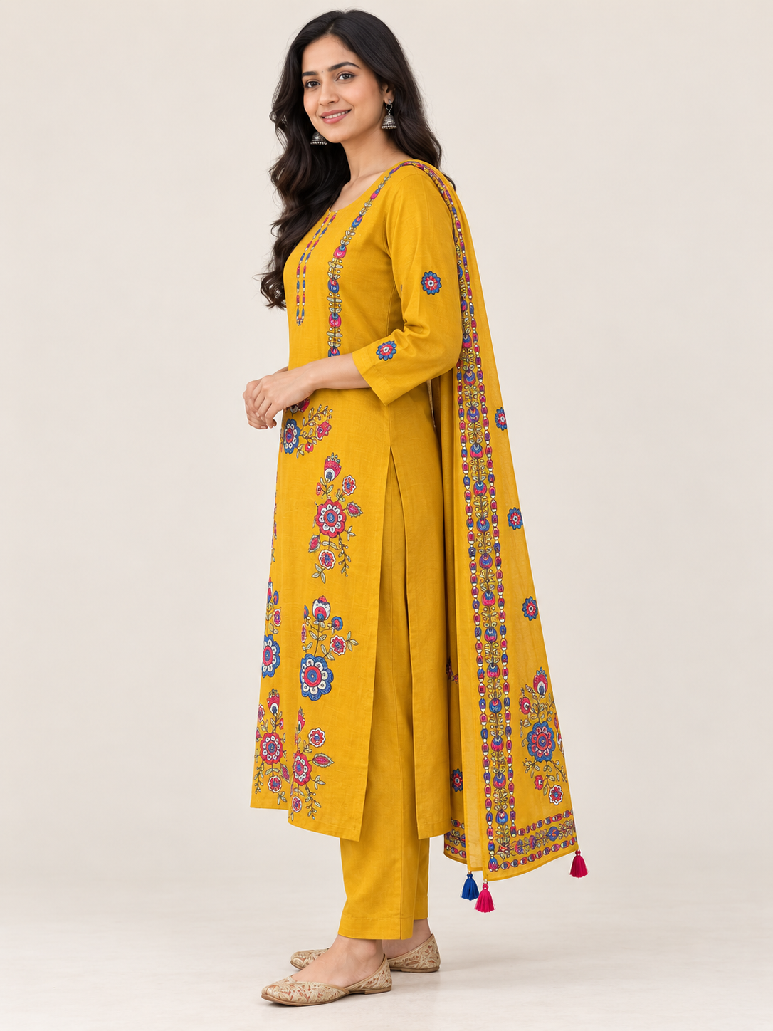 Natural Fab Women’s Mustard Yellow Chanderi Hand-Embroidered Kurta Pant & Dupatta Set