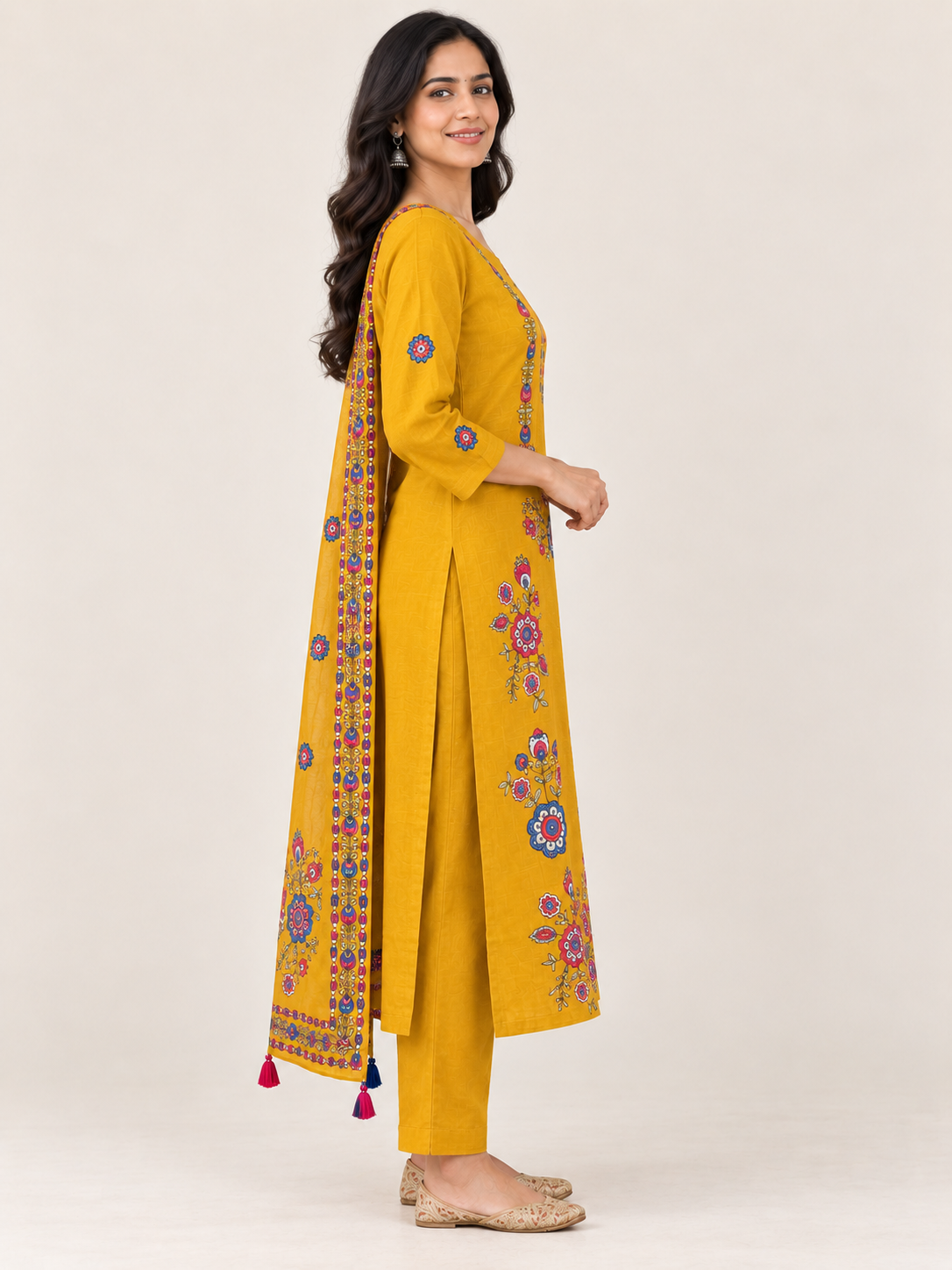 Natural Fab Women’s Mustard Yellow Chanderi Hand-Embroidered Kurta Pant & Dupatta Set