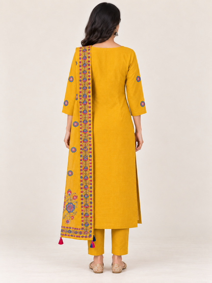 Natural Fab Women’s Mustard Yellow Chanderi Hand-Embroidered Kurta Pant & Dupatta Set