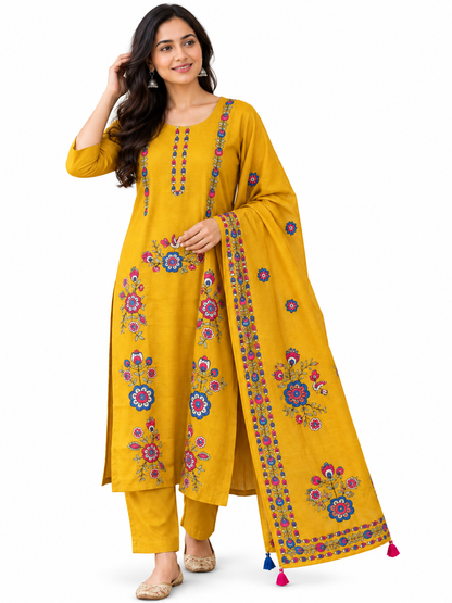 Natural Fab Women’s Mustard Yellow Chanderi Hand-Embroidered Kurta Pant & Dupatta Set