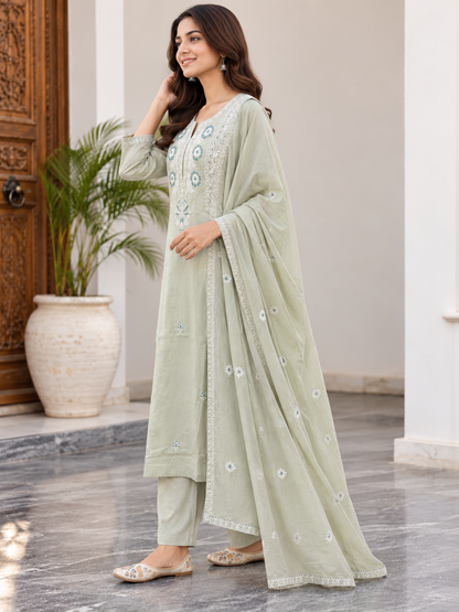 Natural Fab Women’s Sage Green Embroidered Kurta Pant Dupatta Set | Floral Embroidery Straight Kurti 3-Piece Ethnic Suit Set