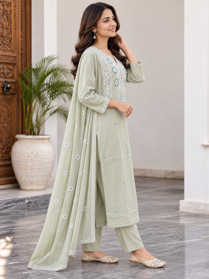 Natural Fab Women’s Sage Green Embroidered Kurta Pant Dupatta Set | Floral Embroidery Straight Kurti 3-Piece Ethnic Suit Set