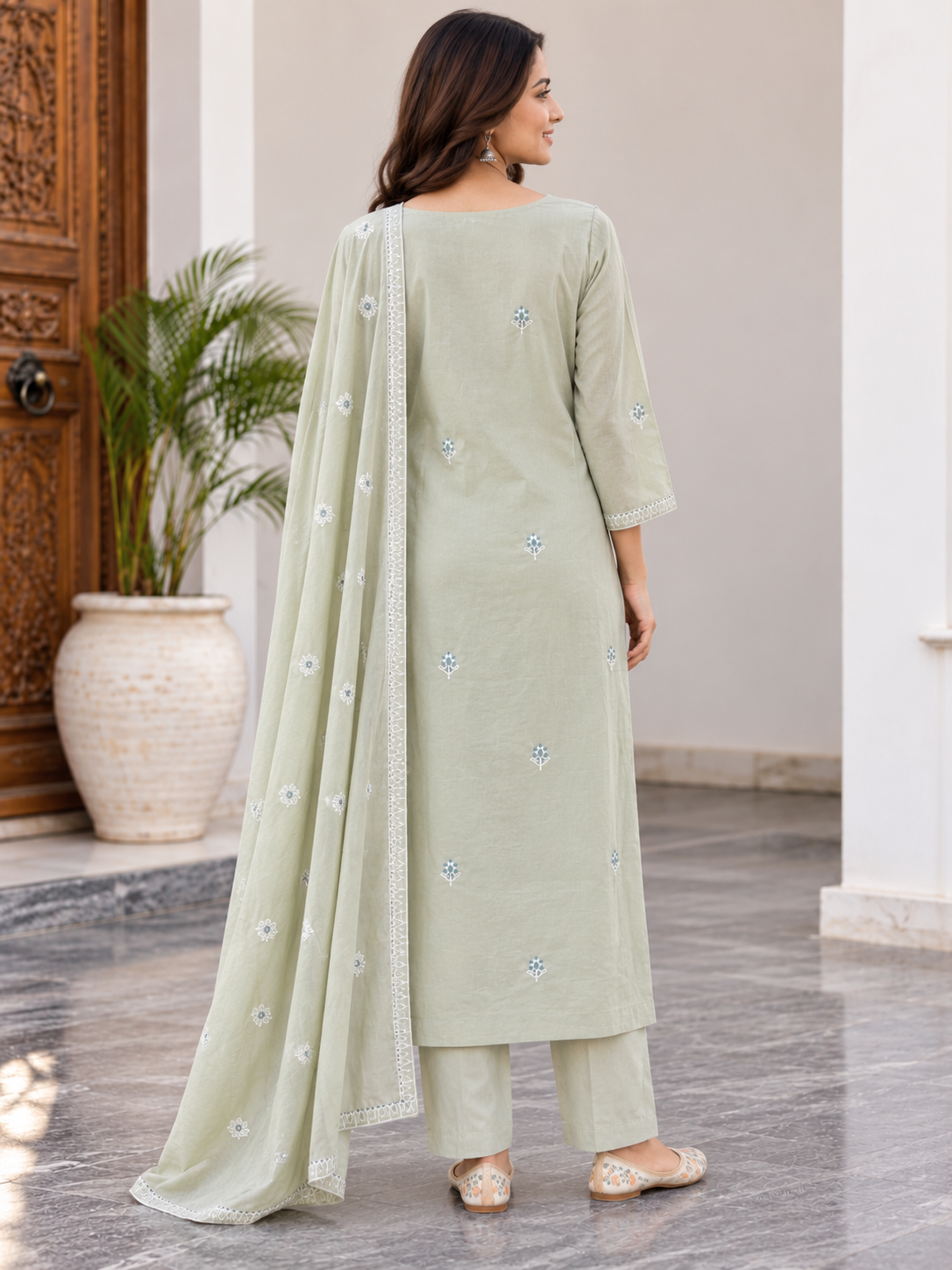 Natural Fab Women’s Sage Green Embroidered Kurta Pant Dupatta Set | Floral Embroidery Straight Kurti 3-Piece Ethnic Suit Set