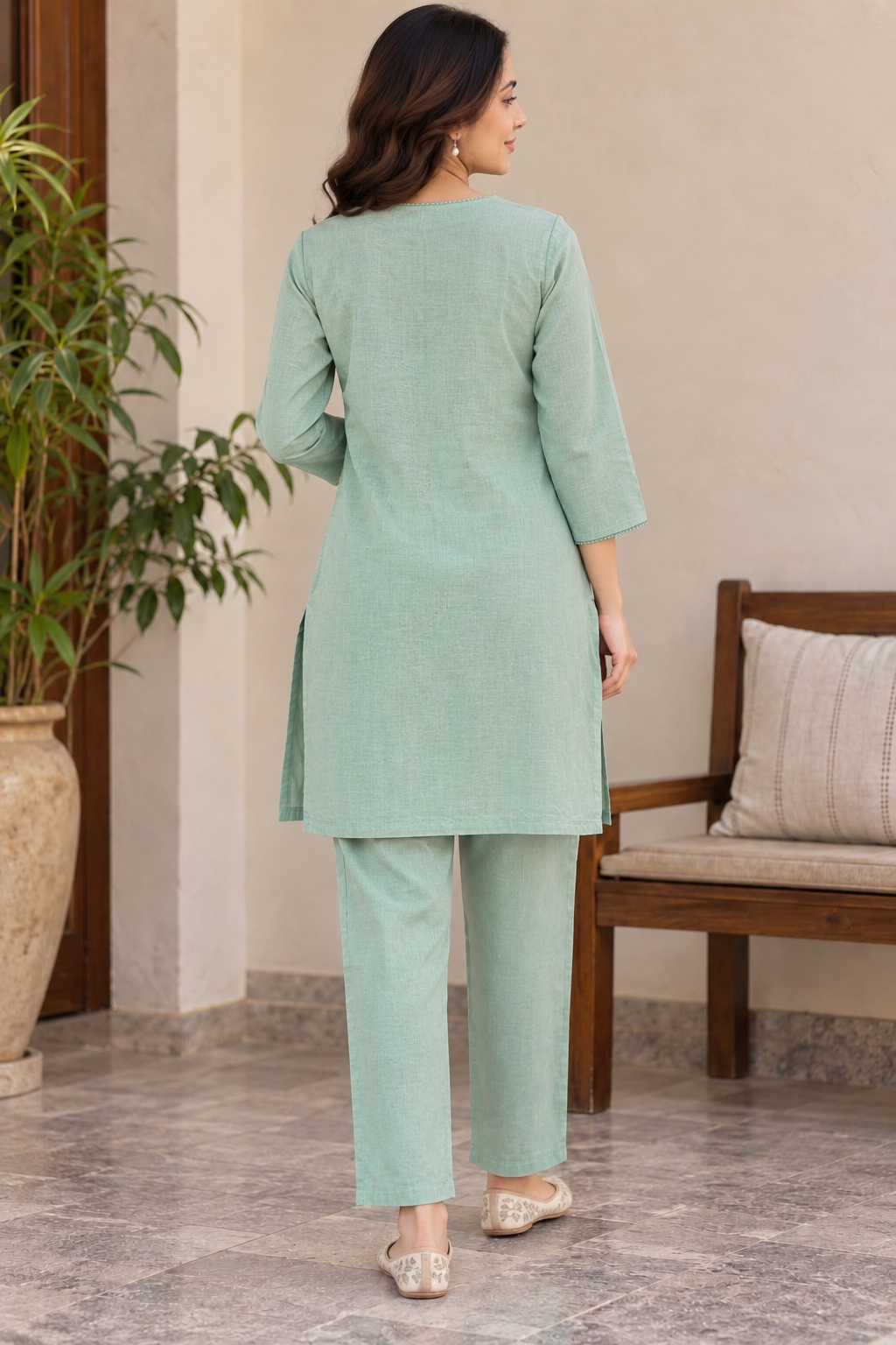 Natural Fab Women’s Mint Green Lotus Printed Co-ord Set | V-Neck Kurti with Straight Pants | 2-Piece Ethnic Set