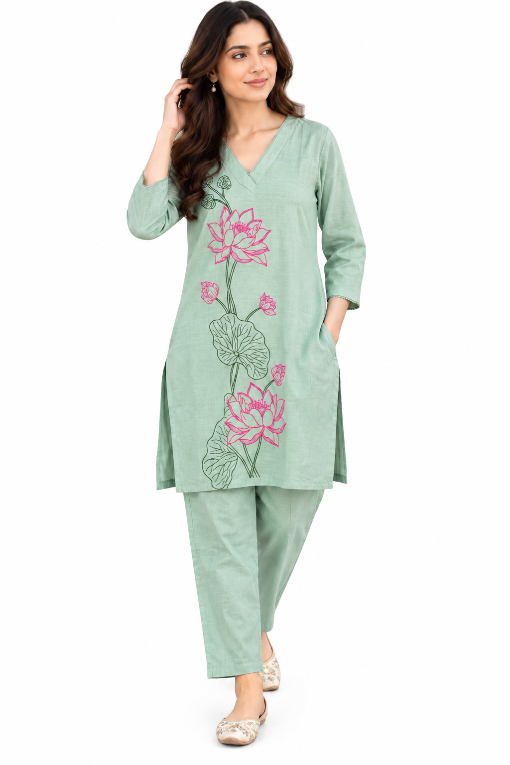 Natural Fab Women’s Mint Green Lotus Printed Co-ord Set | V-Neck Kurti with Straight Pants | 2-Piece Ethnic Set
