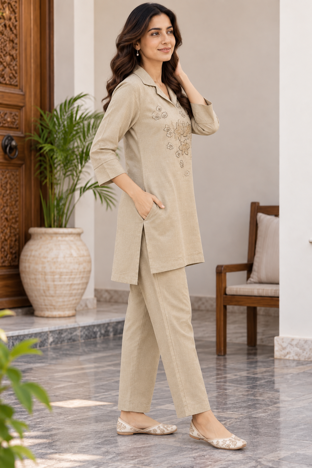 Natural Fab Women’s Beige Embroidered Co-ord Set | Collared Kurti Top with Straight Pants & Pockets | 2-Piece Ethnic Set