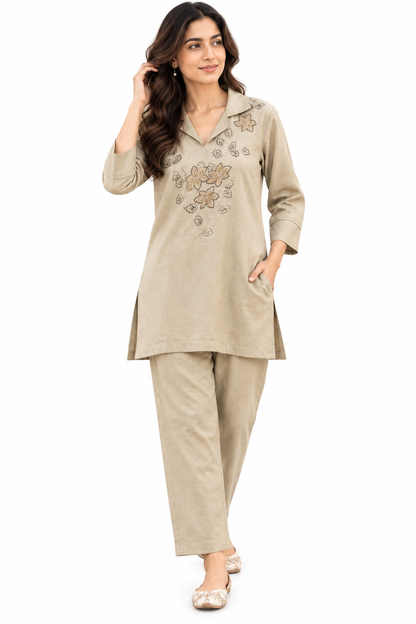 Natural Fab Women’s Beige Embroidered Co-ord Set | Collared Kurti Top with Straight Pants & Pockets | 2-Piece Ethnic Set