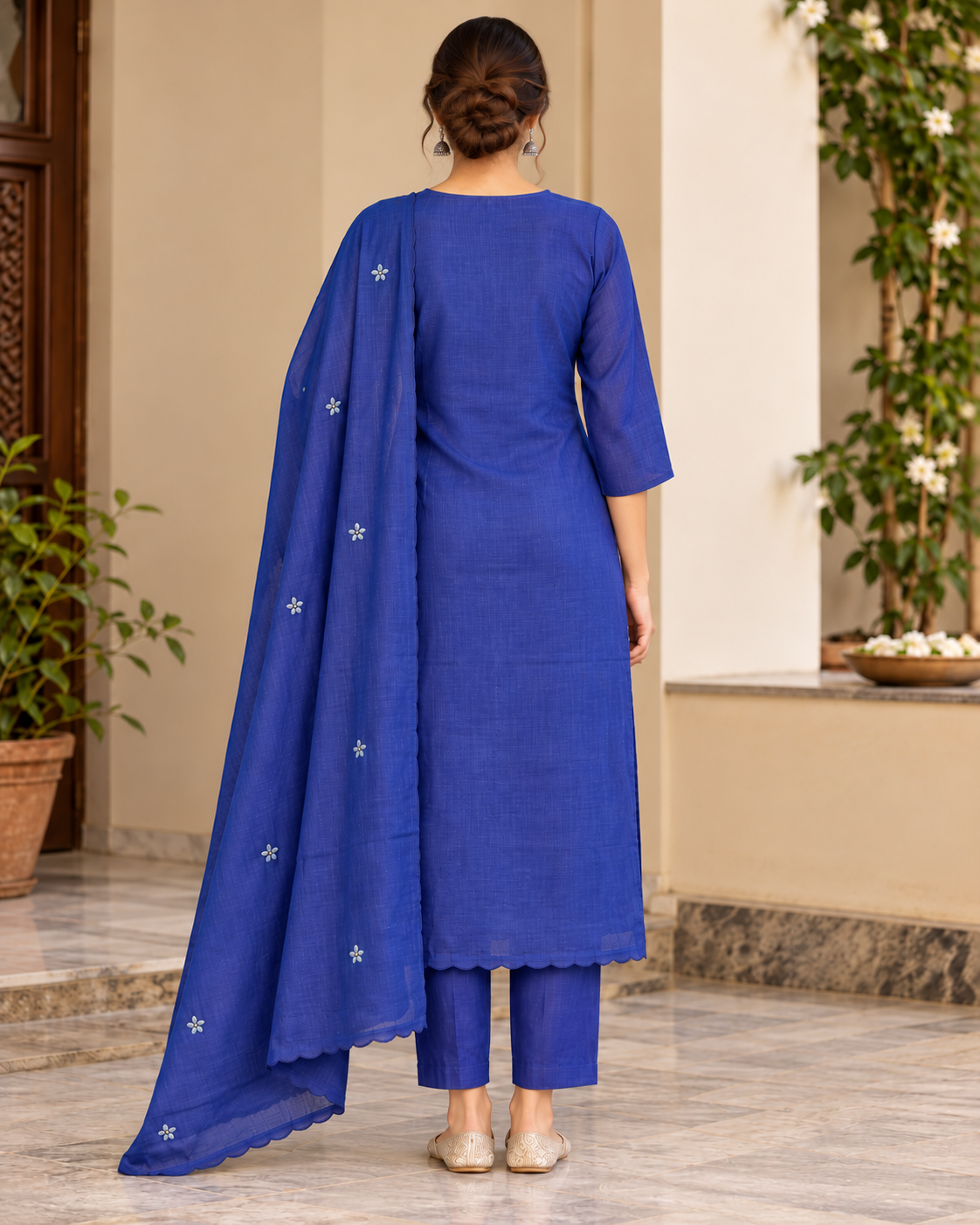 Women’s Royal Blue Chanderi Kurti Pant Set with Dupatta | Kantha Hand Embroidery Ethnic Suit