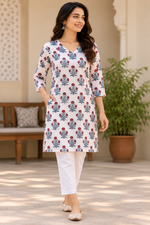 Women’s Hand Block Printed Knee-Length Kurti with Pockets | Floral V-Neck Ethnic Kurta