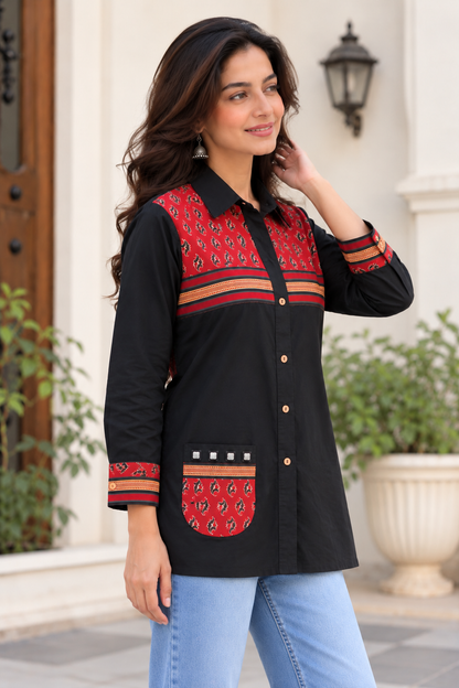 Natural Fab Women's Black & Maroon Ethnic Printed Shirt Style Top with Patch Pocket & Full Sleeves
