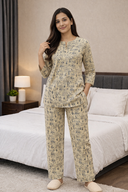 Women Cotton Night Suit Set – Soft Breathable Printed Sleepwear | Beige Printed Lounge Wear | Comfortable Nightwear for Daily Use | Natural Fab