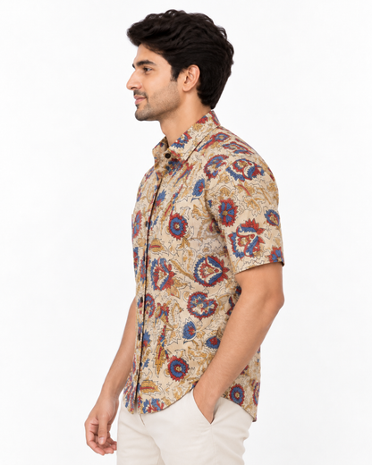 Men’s 100% Pure Cotton Hand Block Printed Half Sleeve Shirt | Multicolour Floral Casual Shirt