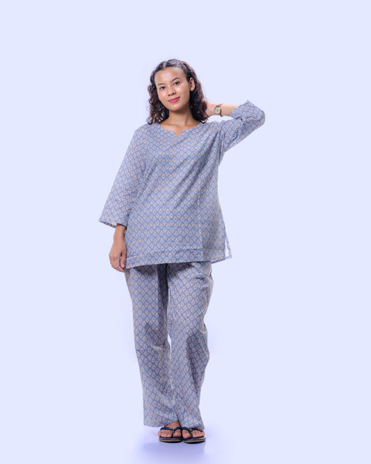 Sky Blue Print Night Suit for women