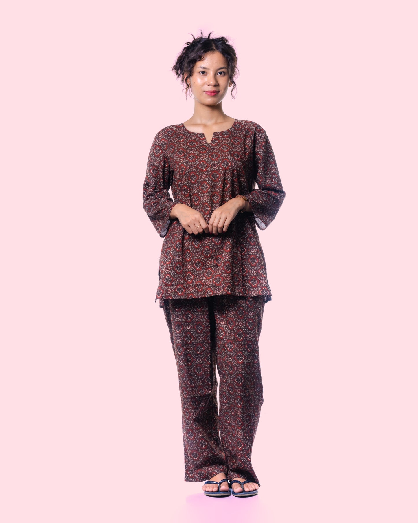 Elegant Brown Floral Night Suit