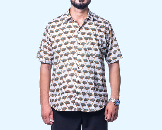 Hand-Block Printed Men's Shirt with Unique Fan Pattern