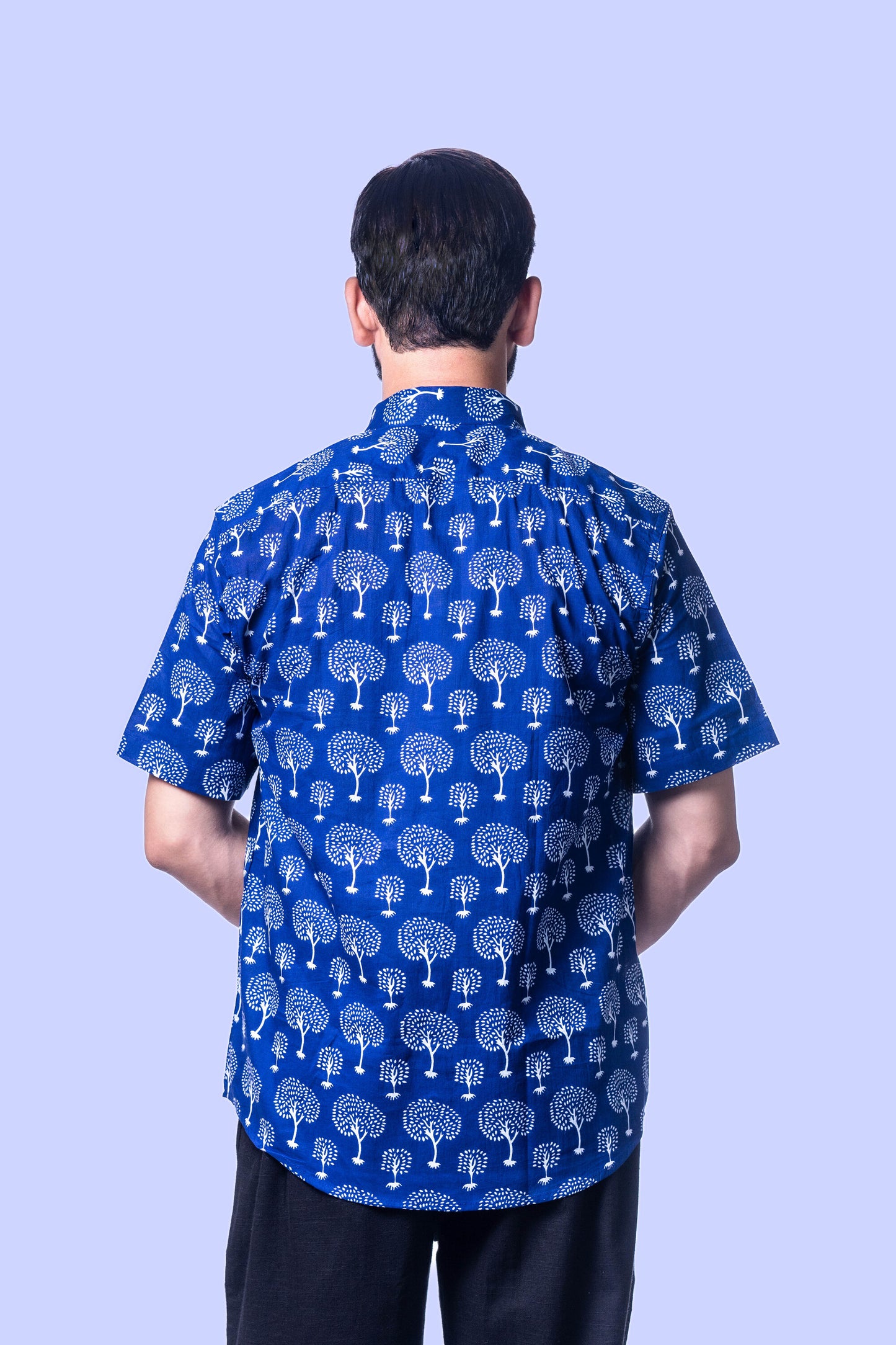 Navy Blue Hand-Block Printed Men's Casual Shirt