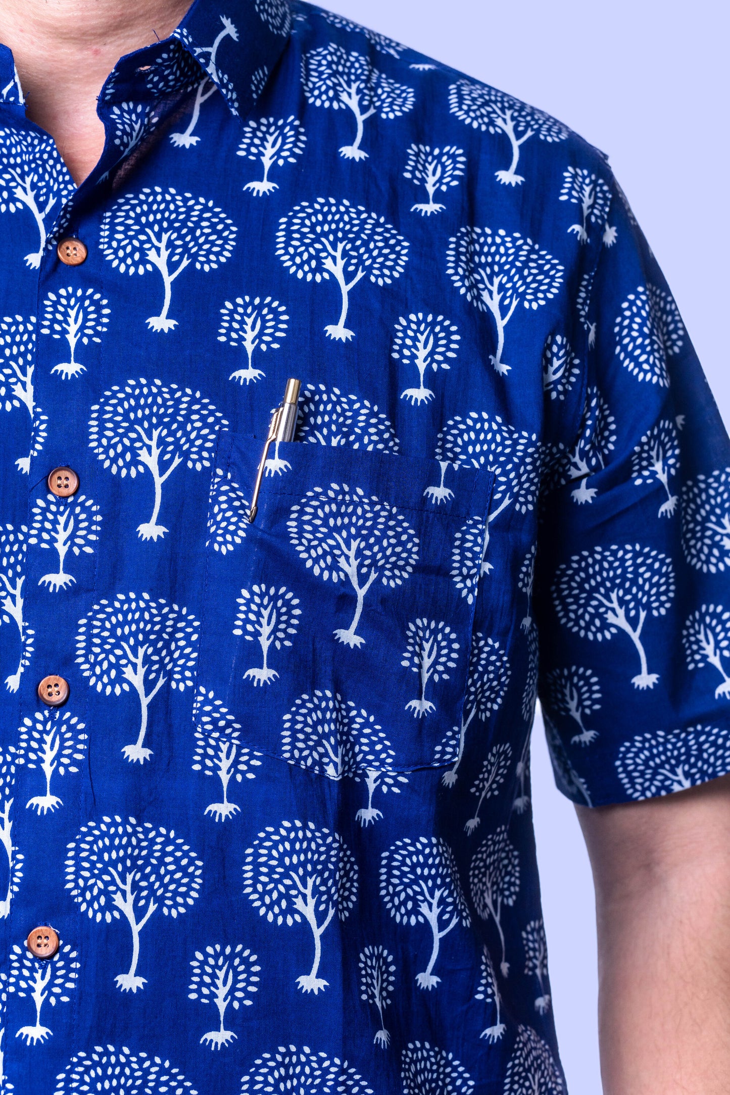 Navy Blue Hand-Block Printed Men's Casual Shirt