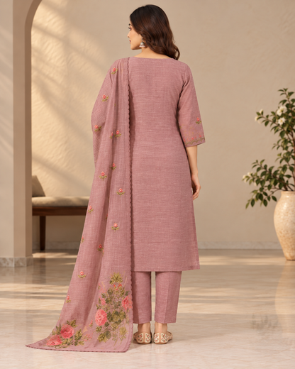 Women's Dusty Rose Chanderi Kurti Pant Set with Kantha Hand Embroidery & Dupatta