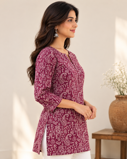 Women’s Wine Printed Short Kurti with Tribal Motifs | 3/4 Sleeve Casual Straight Kurti