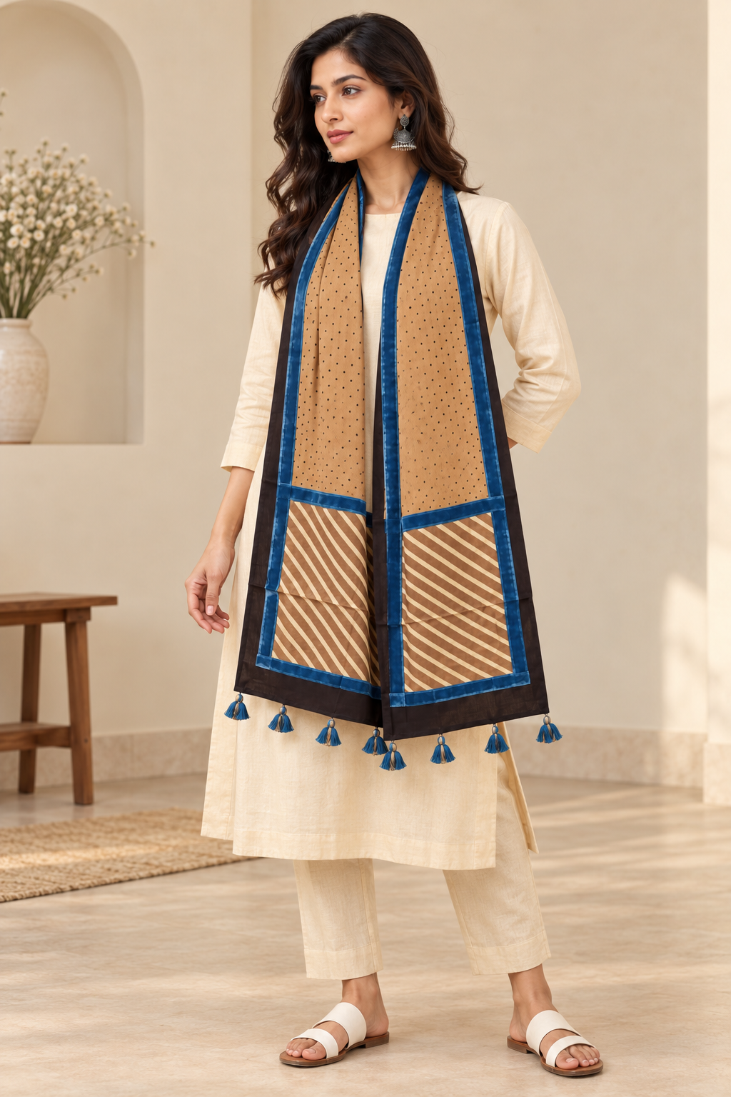 Women's Beige & Blue Printed Modal Silk Stole with Polka Dots, Striped Border & Tassels