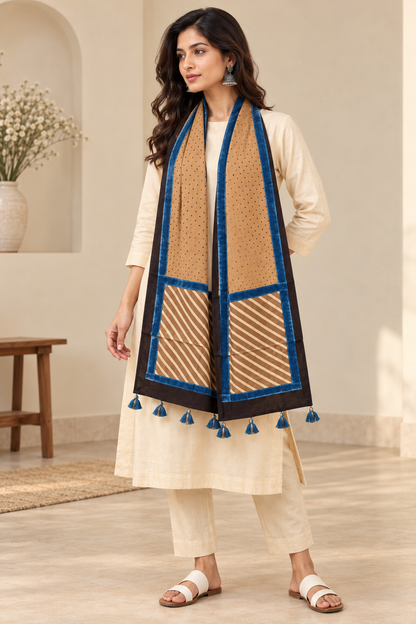 Women's Beige & Blue Printed Modal Silk Stole with Polka Dots, Striped Border & Tassels
