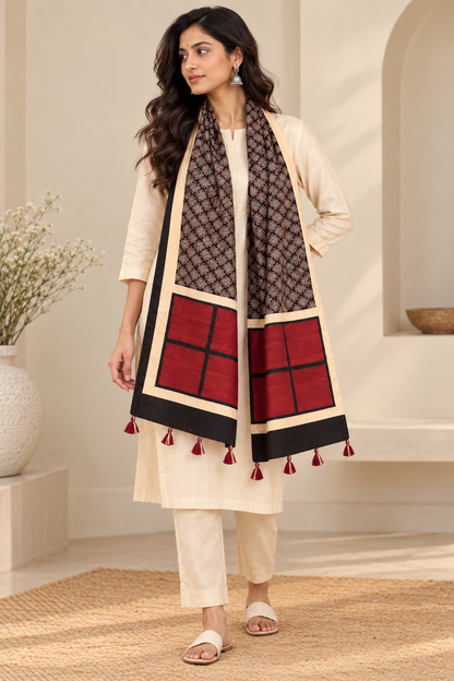 Women's Black & Maroon Ajrakh Inspired Printed Modal Silk Stole with Floral Motifs, Contrast Border & Tassels
