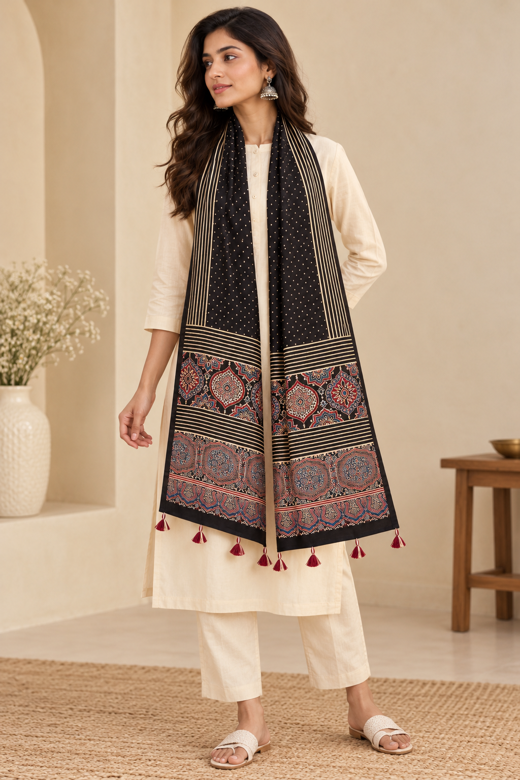 Women's Black Ajrakh Inspired Printed Modal Silk Stole with Polka Dots, Striped Border & Tassels