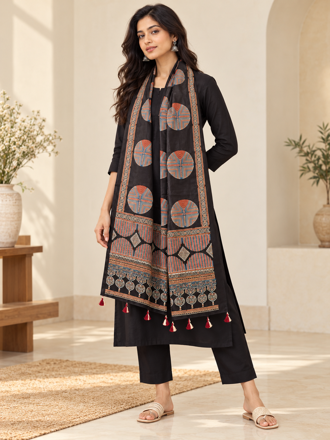 Women's Black Ajrakh Printed Modal Silk Stole with Traditional Motifs, Decorative Border & Tassels