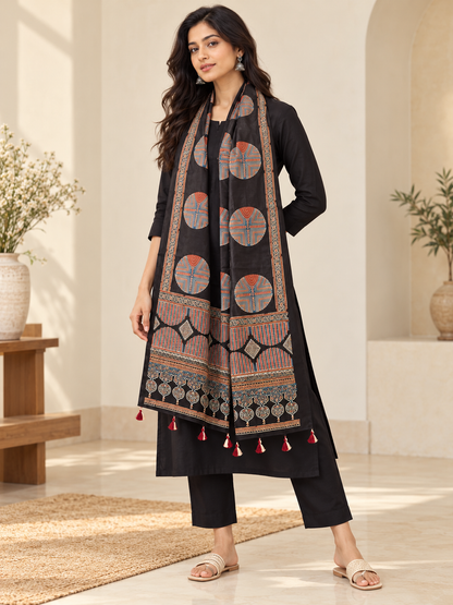 Women's Black Ajrakh Printed Modal Silk Stole with Traditional Motifs, Decorative Border & Tassels