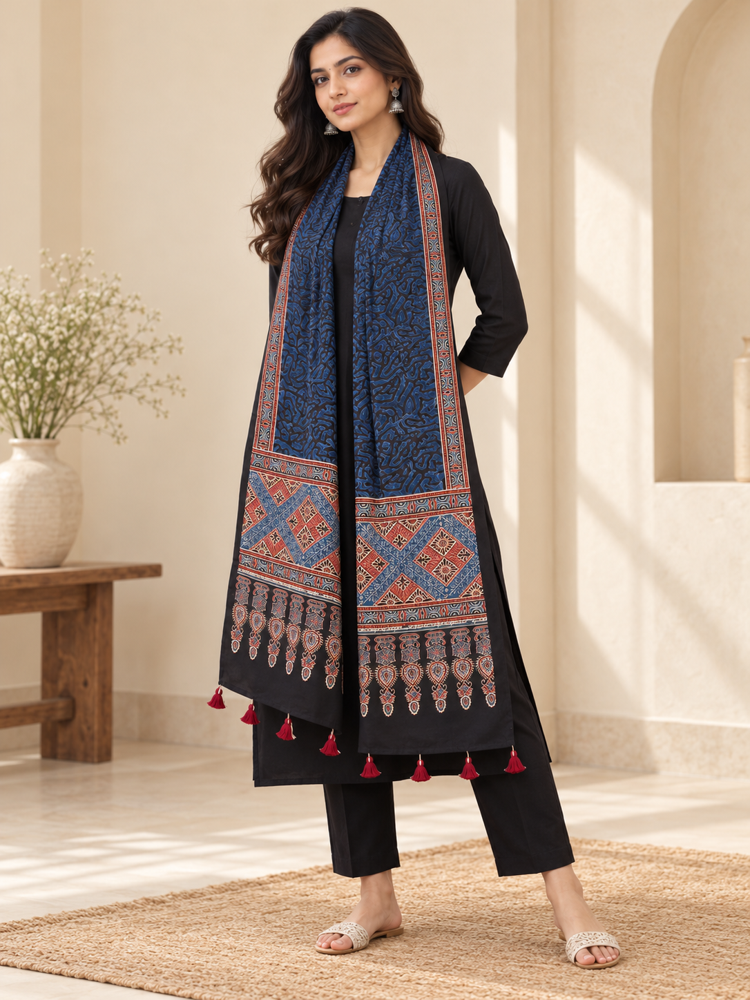 Women's Navy Blue Ajrakh Inspired Printed Modal Silk Stole with Ethnic Border & Tassels