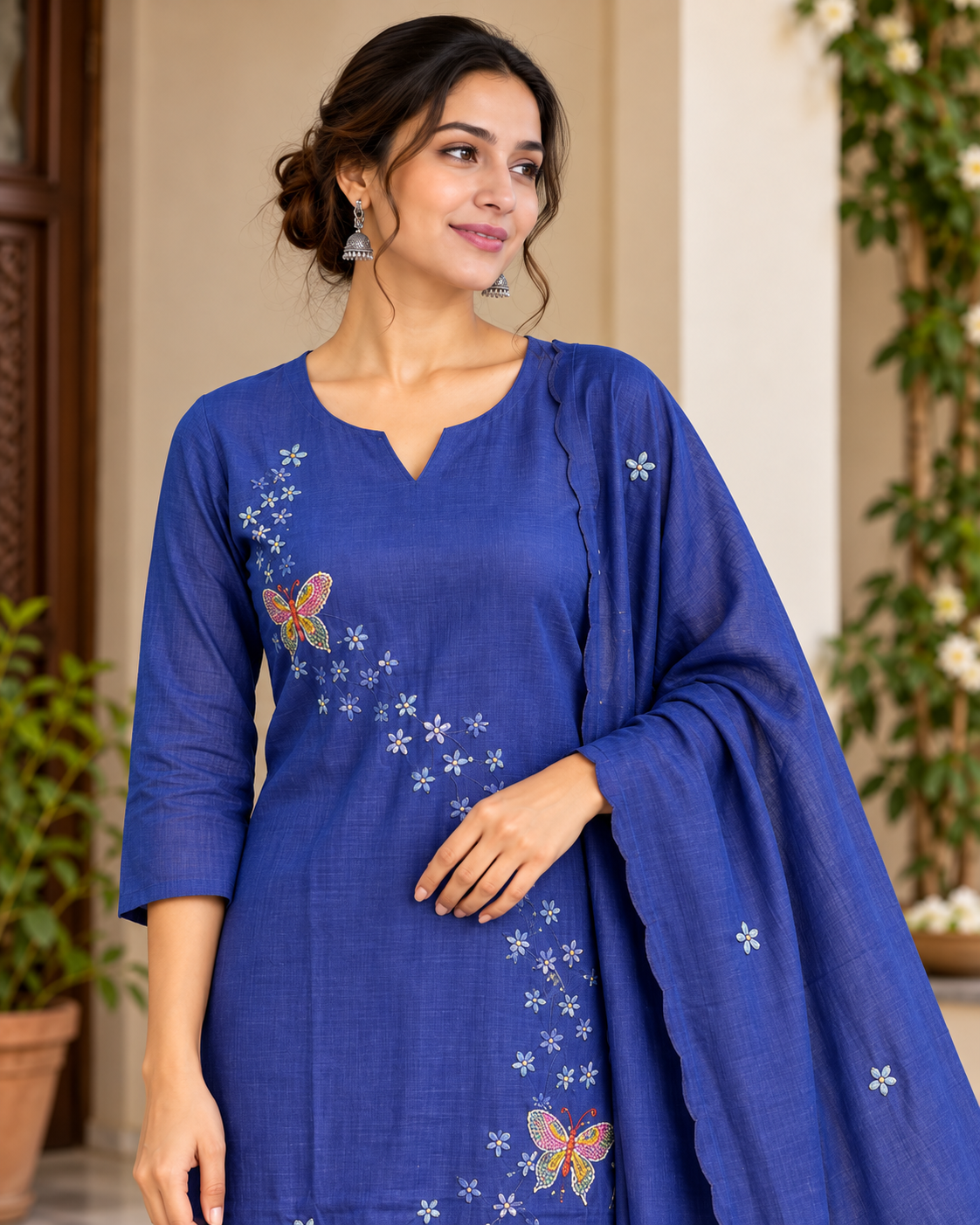 Women’s Royal Blue Chanderi Kurti Pant Set with Dupatta | Kantha Hand Embroidery Ethnic Suit