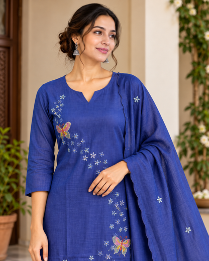 Women’s Royal Blue Chanderi Kurti Pant Set with Dupatta | Kantha Hand Embroidery Ethnic Suit