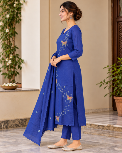 Women’s Royal Blue Chanderi Kurti Pant Set with Dupatta | Kantha Hand Embroidery Ethnic Suit