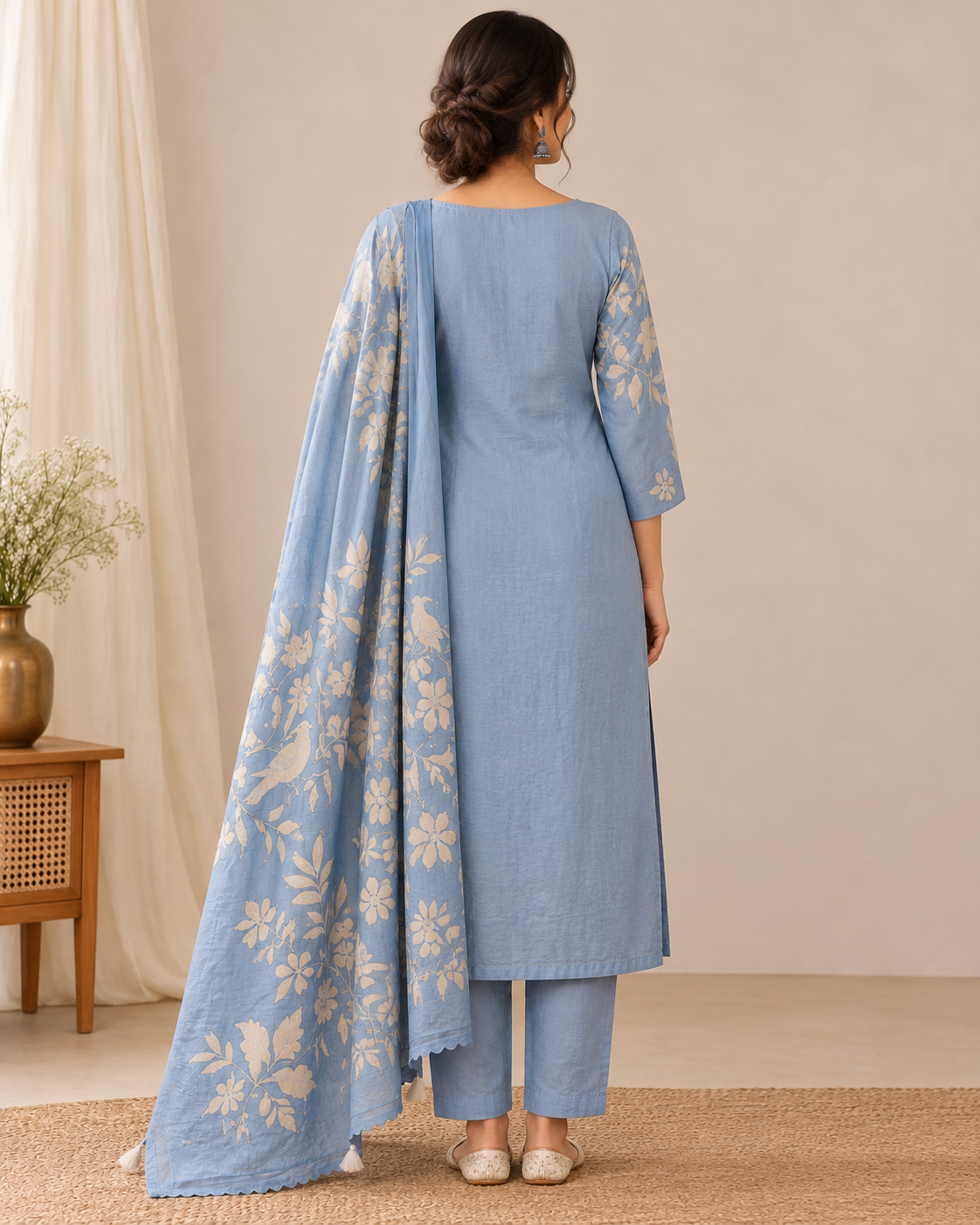 Women’s Powder Blue Mal Kurti Pant Set with Floral Bird Print Dupatta | 3-Piece Ethnic Set