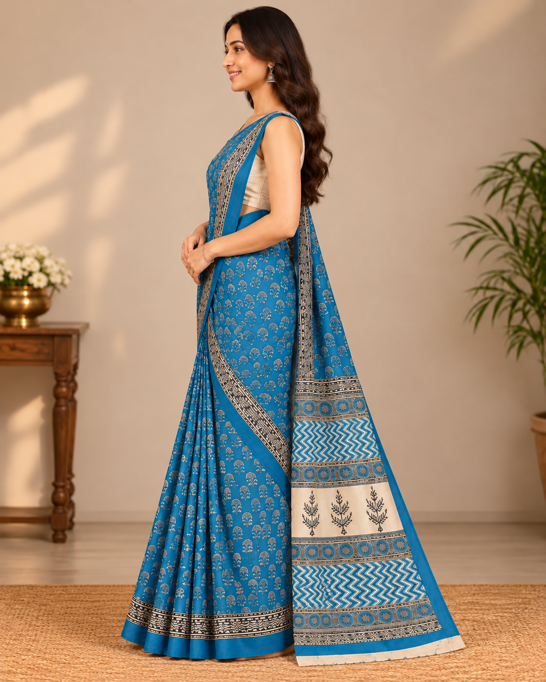 Natural Fab Mal Mal Cotton Hand Block Printed Saree with Blouse | 6.30 m