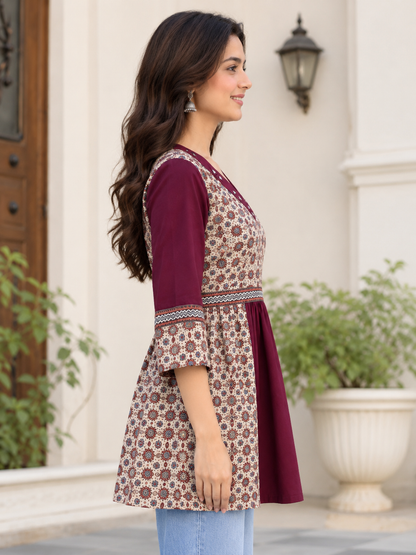 Natural Fab Women's Wine Maroon & Beige Ajrakh Inspired Printed Flared Peplum Top with V-Neck