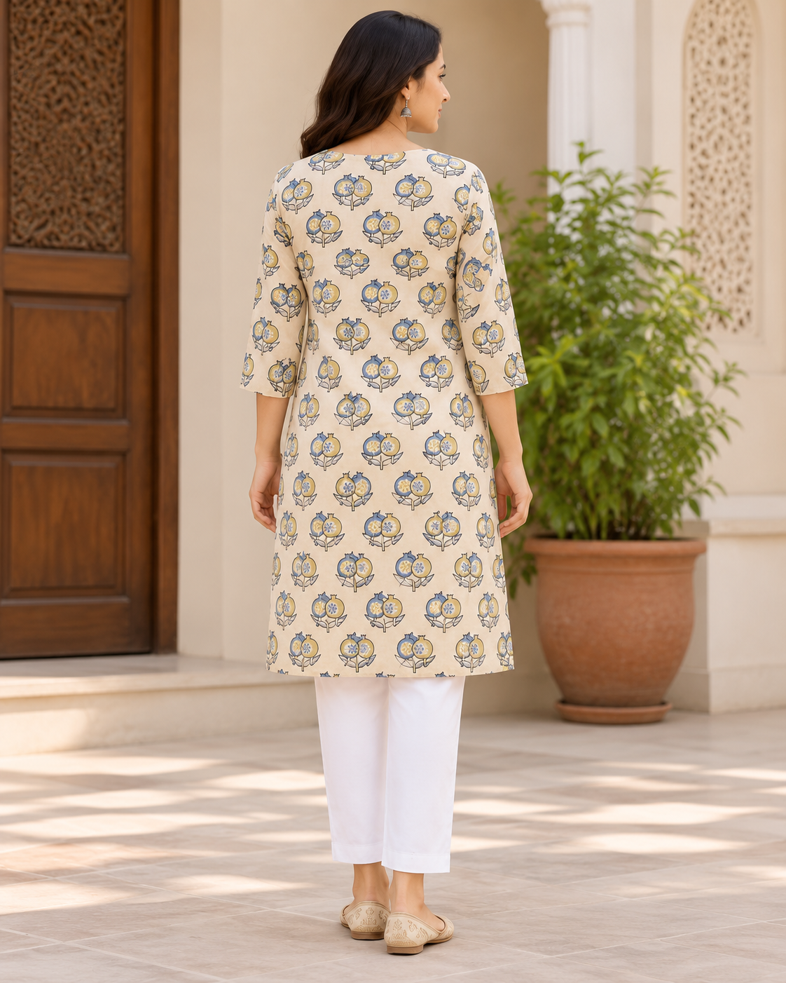 Women’s Hand Block Printed Knee-Length Kurti with Pockets | Beige Floral V-Neck Kurta