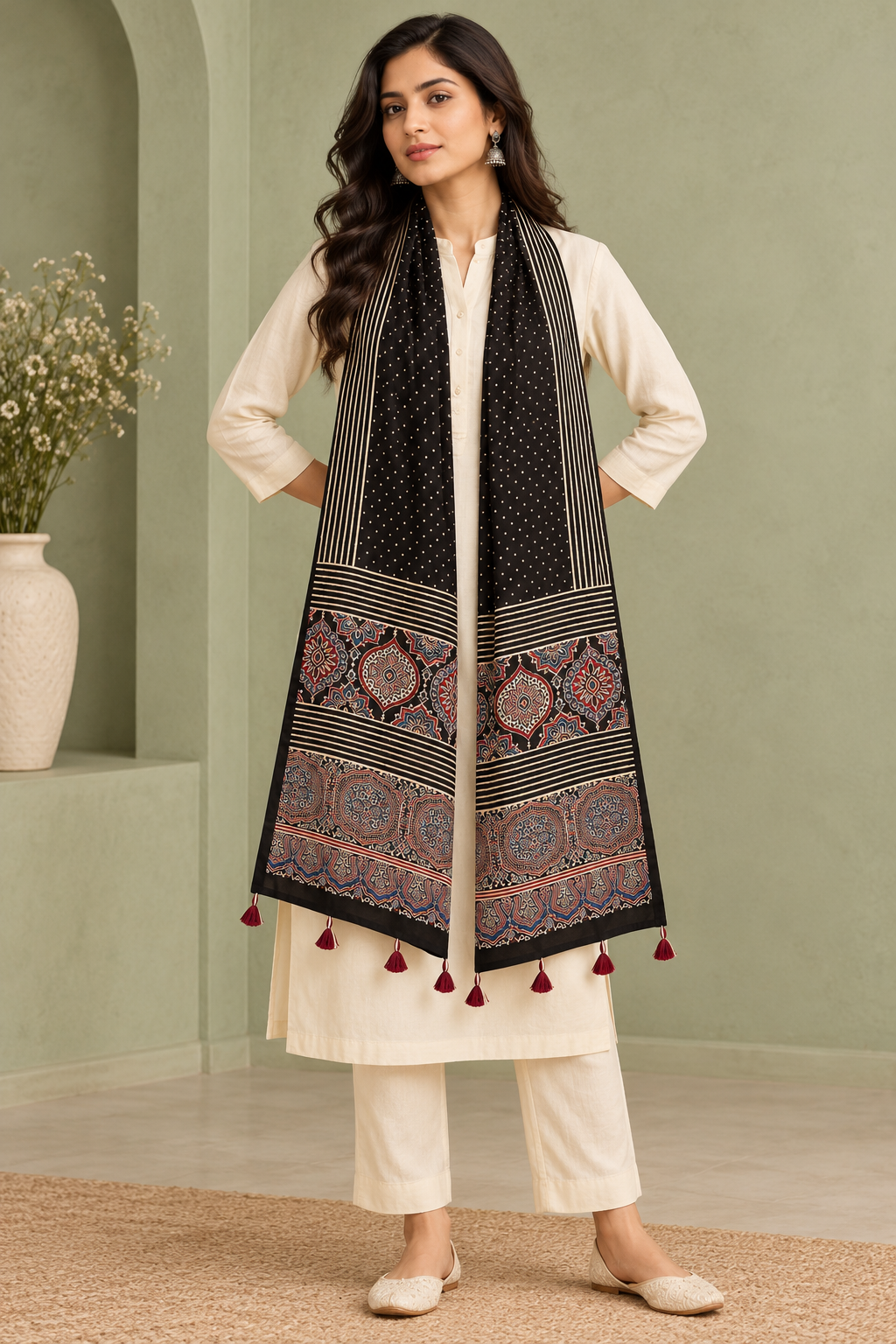 Women's Black Ajrakh Inspired Printed Modal Silk Stole with Polka Dots, Striped Border & Tassels