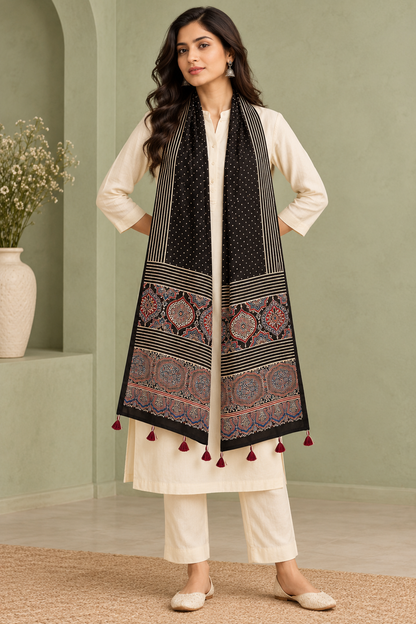 Women's Black Ajrakh Inspired Printed Modal Silk Stole with Polka Dots, Striped Border & Tassels