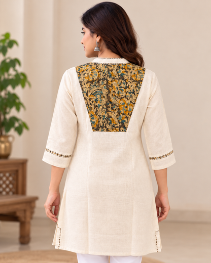 Women's Ivory Handloom Cotton Kalamkari Hand Block Printed Short Kurti | 3/4 Sleeve Ethnic Top