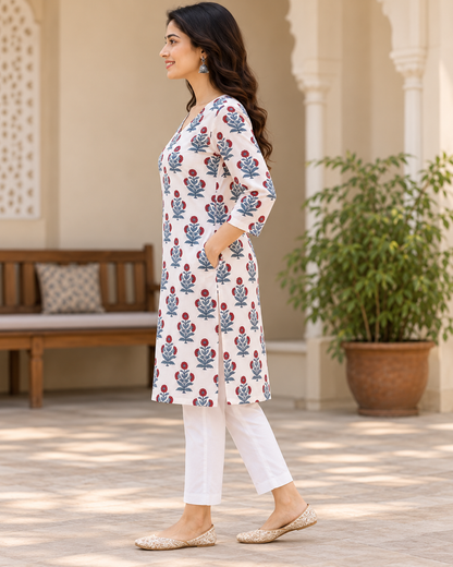 Women’s Hand Block Printed Knee-Length Kurti with Pockets | Floral V-Neck Ethnic Kurta