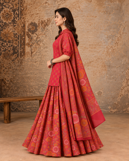 Women’s Cotton Floral Printed Lehenga Set with Kurti & Dupatta | Festive Ethnic Wear