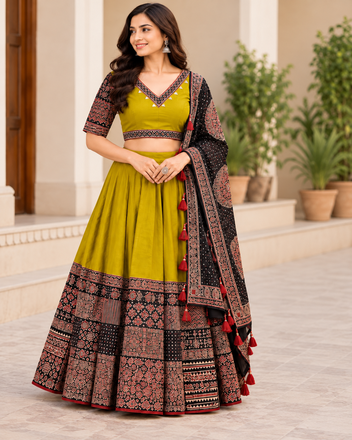 Women's Mustard Yellow Cotton Flared Lehenga Choli Set with Ajrakh-Inspired Print & Dupatta