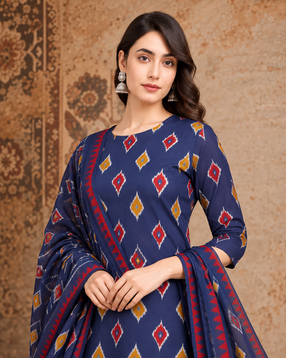 Women’s Navy Blue Cotton Printed Lehenga Set with Kurti & Dupatta | Festive Ethnic Wear