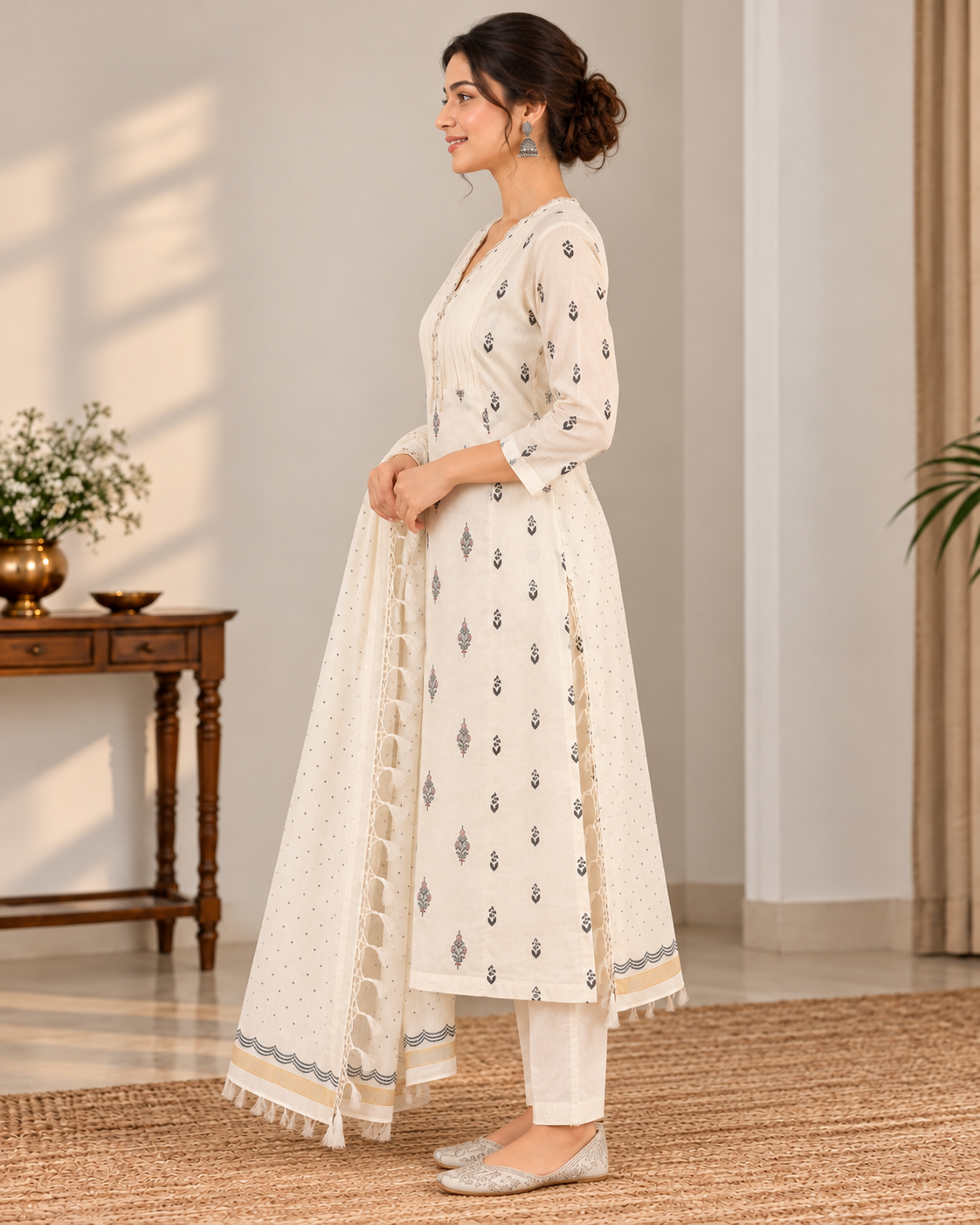 Women’s Mal Chanderi Off-White Printed Kurti Pant Set with Dupatta | Elegant 3-Piece Ethnic Set