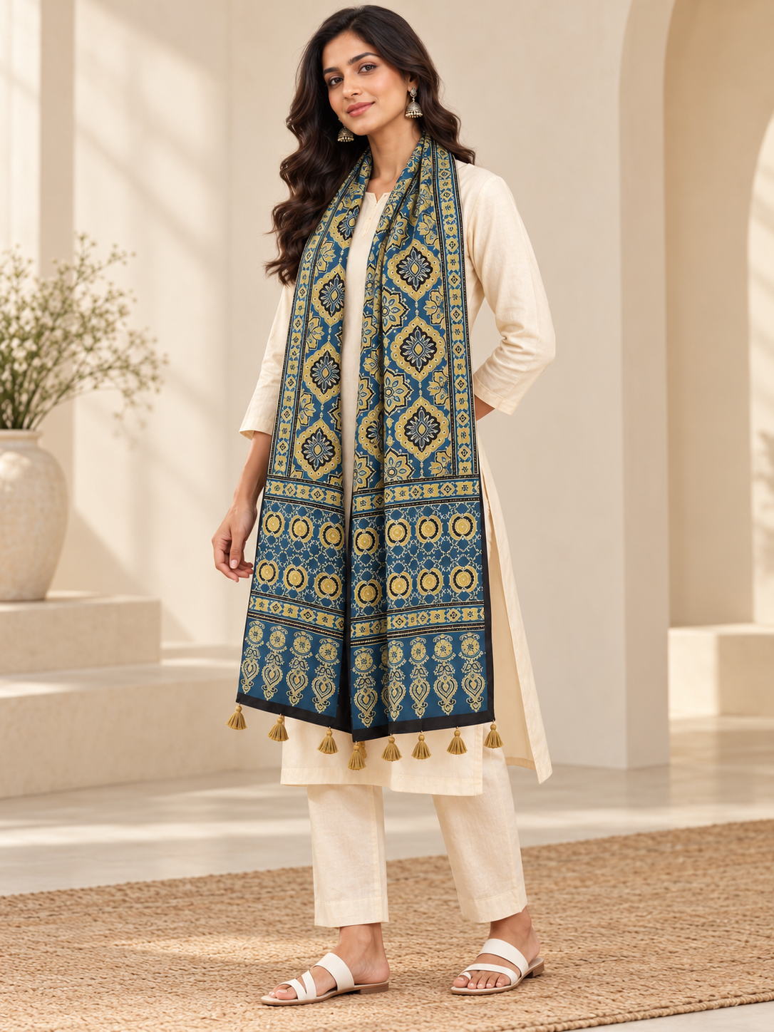 Women's Teal Blue Ajrakh Inspired Printed Modal Silk Stole with Floral Motifs & Tassels