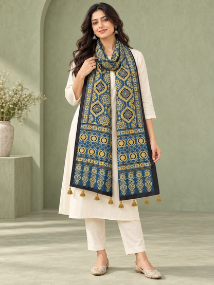 Women's Teal Blue Ajrakh Inspired Printed Modal Silk Stole with Floral Motifs & Tassels