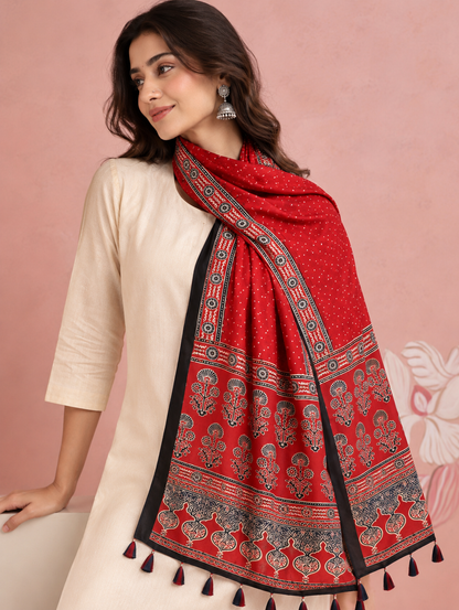 Women's Red Ajrakh Inspired Printed Modal Silk Stole with Traditional Floral Motifs, Black Border & Tassels