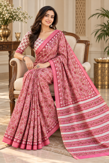 Women's Pink Floral Printed Cotton Silk Saree with Zari Border & Unstitched Blouse Piece – 6.30 Mtr