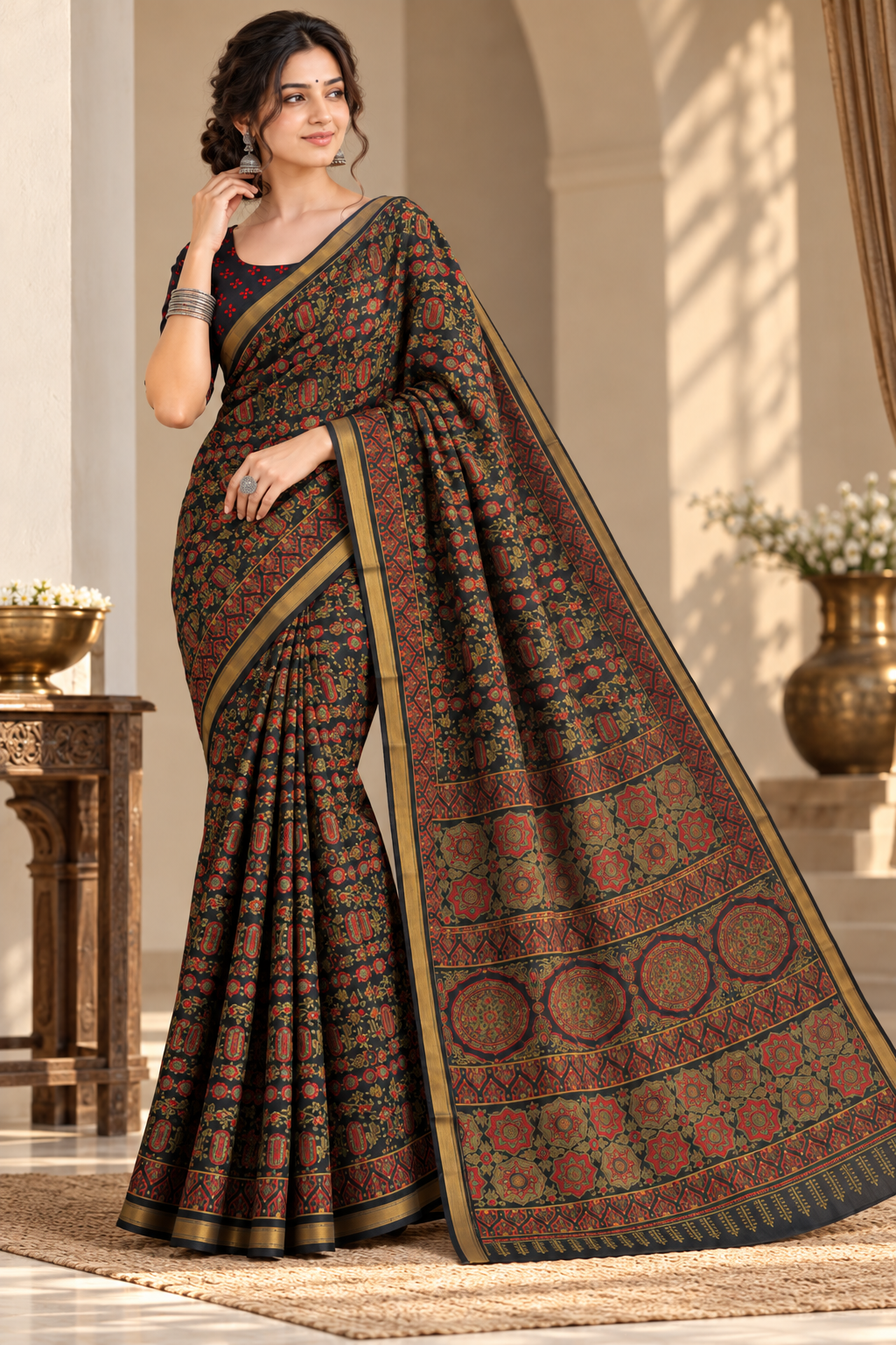 Naturalfab Cotton Silk Maheshwari Saree with Woven Zari Border and Blouse Fabric for Women